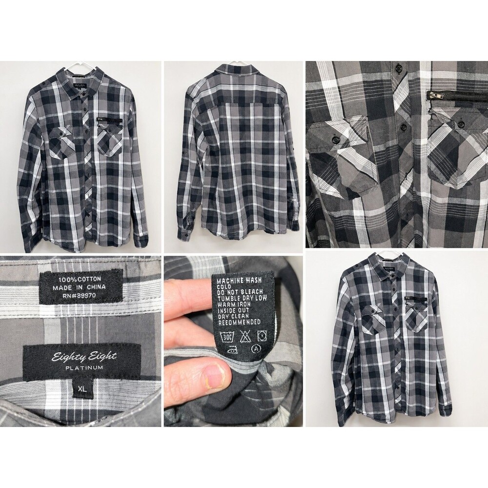 Eighty Eight Platinum Men's XL Plaid Button-Up Shirt Long Sleeve Cotton Pockets